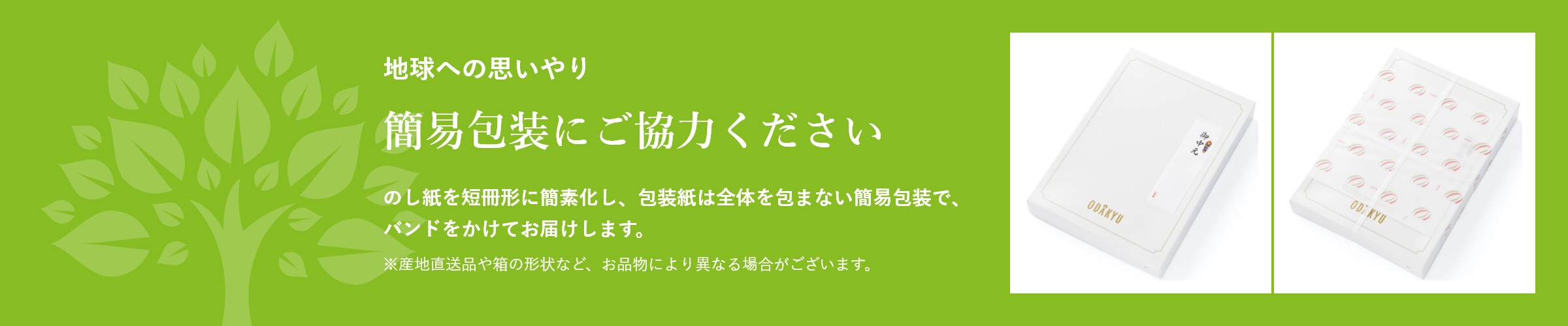 地球への思いやり 簡易包装にご協力ください のし紙を短冊形に簡略化し、包装紙は全体を包まない簡易包装でバンドをかけてお届けします。 ※産地直送品や箱の形状など、お品物により異なる場合がございます。