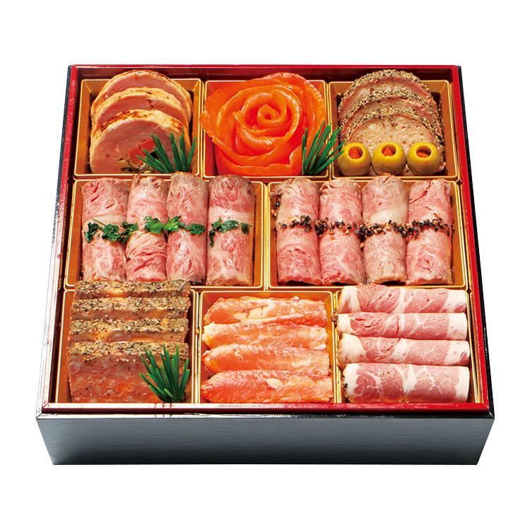 ２１９＜わらびの里＞料亭の肉・海鮮オードブルおせち一段