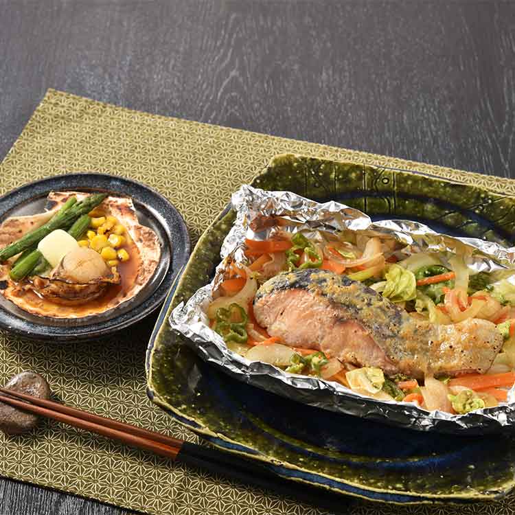 北海道　鮭のちゃんちゃん焼きと帆立バター焼き