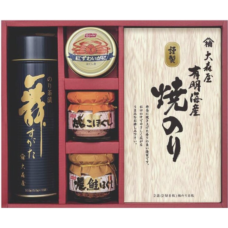 ＜大森屋＞有明海産焼のり・のり茶漬・カニ缶・ほぐし瓶詰合せ